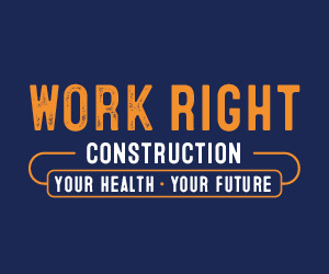 Work right construction logo with the slogan your health, your future